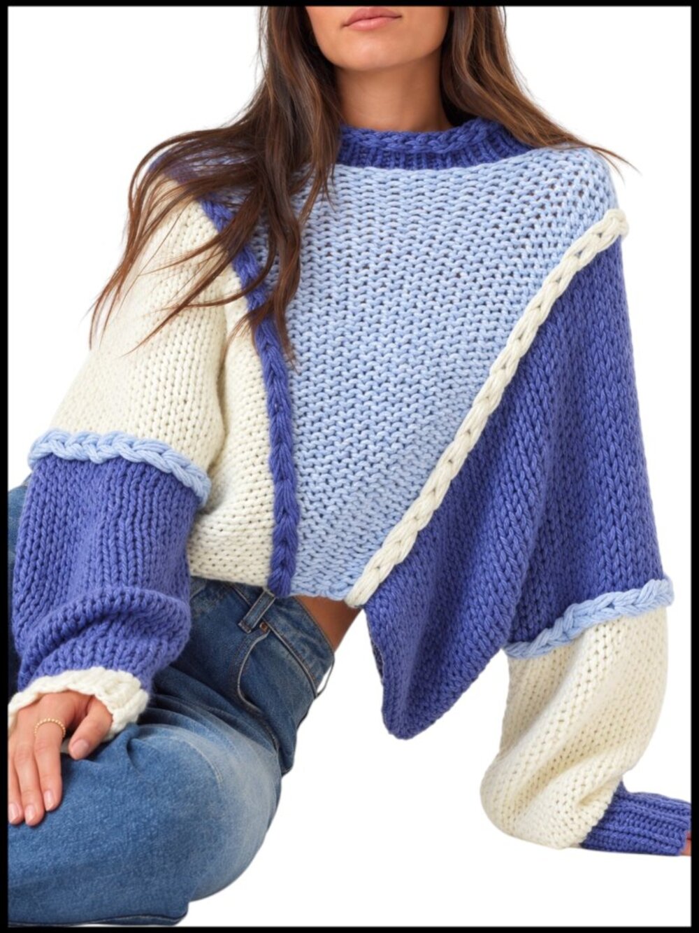 Altar'd State Andy Sweater Blue White Colorblock Chunky Knit XL